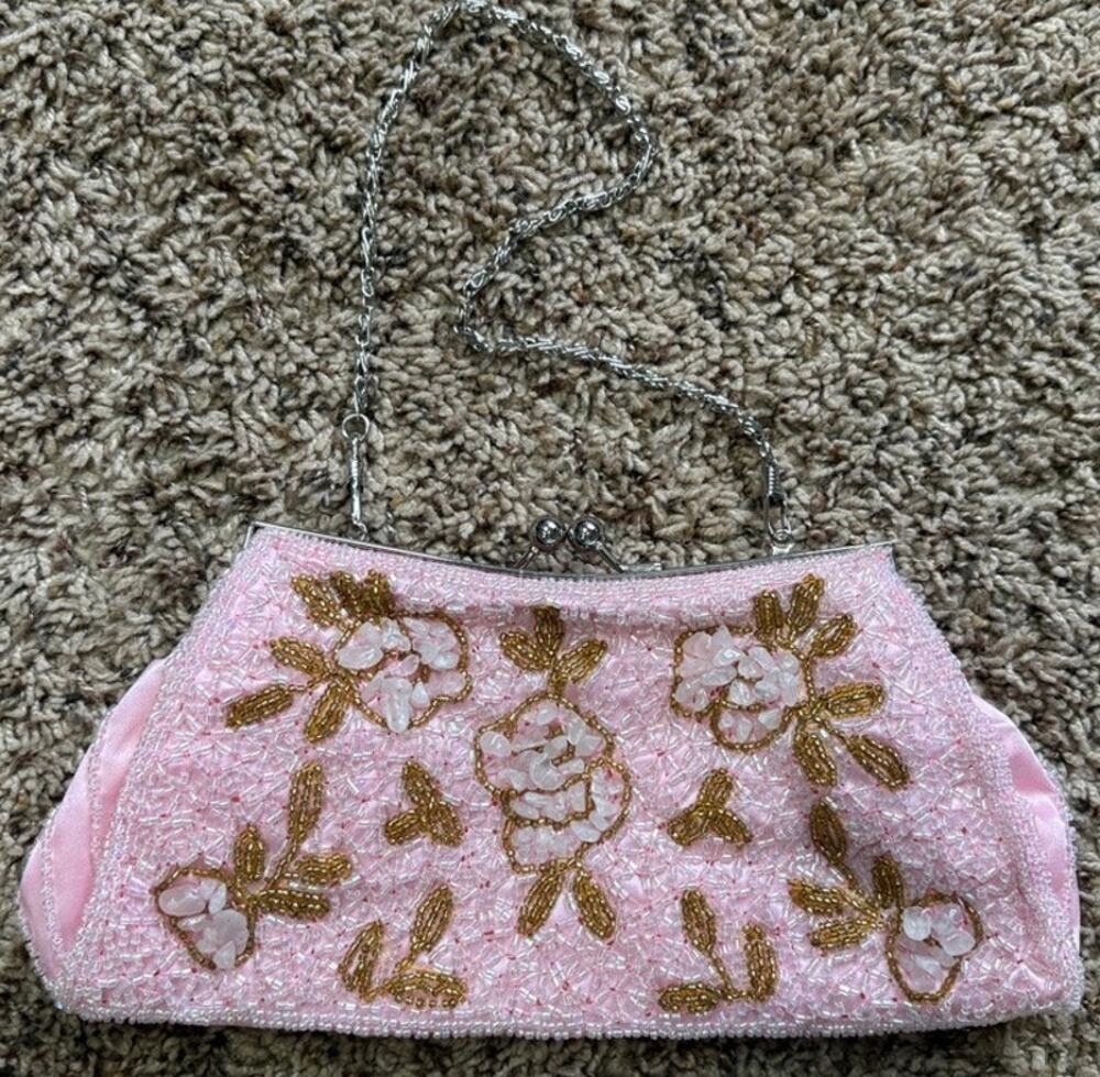 Bijoux Terner Vintage Pink Beaded Silver Chain Clutch Purse